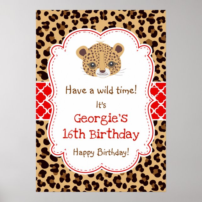 Leopard Print Quatrefoil Birthday Poster Red (Front)