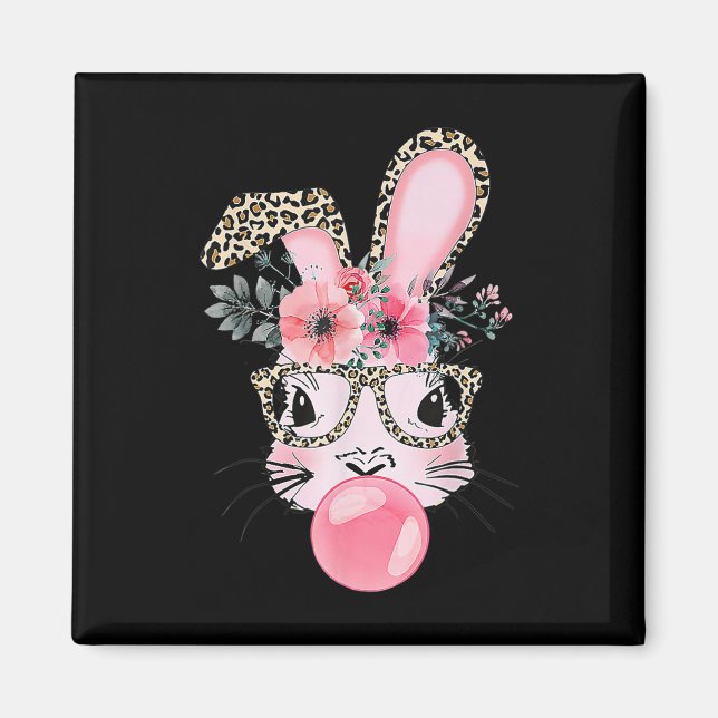 Leopard Print Rabbit Bunny Blowing Bubble Gum East Magnet (Front)