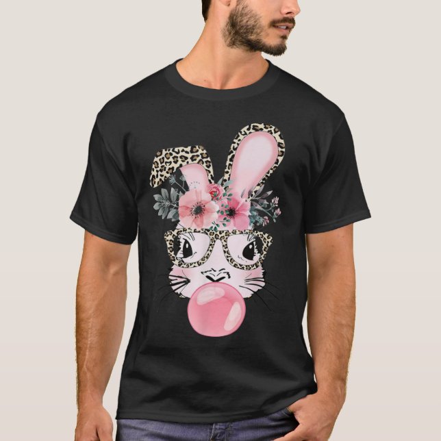 Leopard Print Rabbit Bunny Blowing Bubble Gum East T-Shirt (Front)