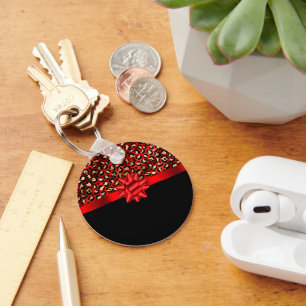 Leopard Print Red, Gold and Black with Red Bow Key Ring