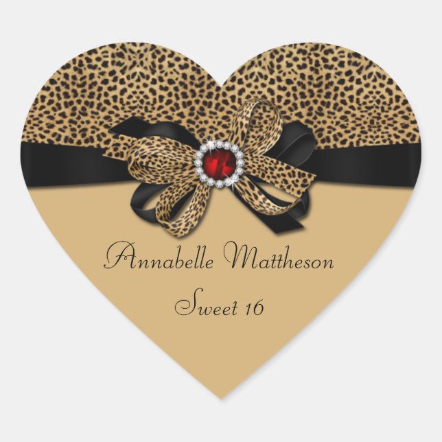 Leopard Print Red Jewel Diamonds Sweet 16 Heart St Sticker (Front)