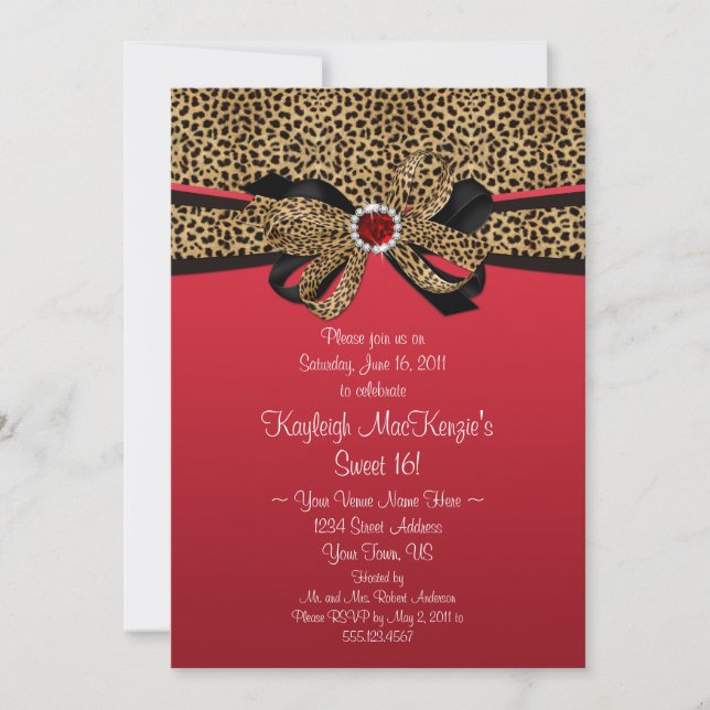 Leopard Print Red Jewels Diamonds Sweet 16 Invitation (Front)