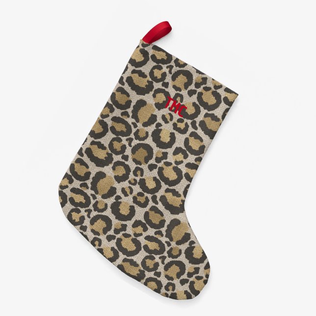 Leopard Print Red Monogram INITIALS Chic Holiday Small Christmas Stocking (Front (Hanging))