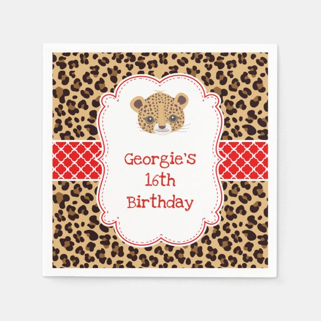 Leopard Print Red Quatrefoil Birthday Party Napkin (Front)