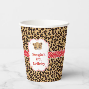 Leopard Print Red Quatrefoil Birthday Party Paper Cups