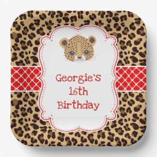Leopard Print Red Quatrefoil Birthday Party Paper Plate