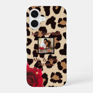 Leopard Print Red Rose Mr. and Mrs. Text Photo iPhone 16 Case