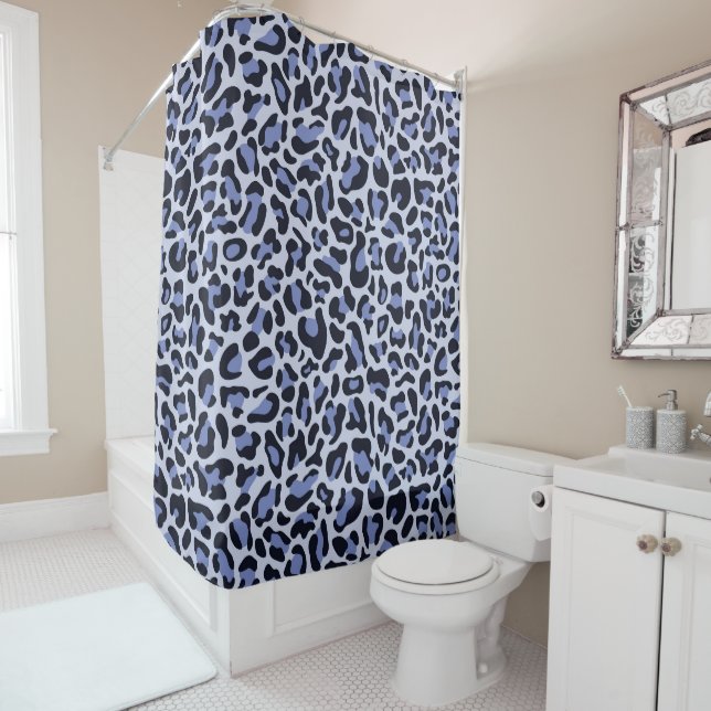 Leopard Print Retro Blue Bath Shower Curtain (In Situ)
