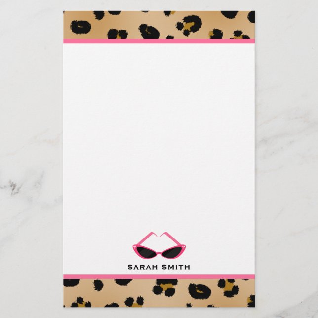 Leopard Print & Retro Pink Sunglasses Stationery (Front)