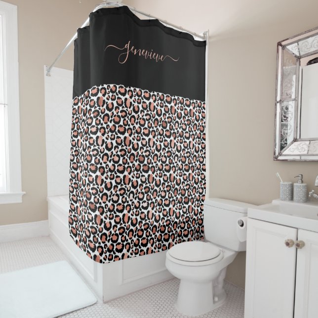 Leopard Print Rose Gold Girly Shower Curtain (In Situ)