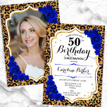 Leopard Print Royal Blue Photo 50th Birthday Invitation<br><div class="desc">Elegant feminine 50th birthday invitation with your photo at the back of the card. Glam design with animal leopard print and faux glitter gold. Features sapphire royal blue roses, script font and confetti. Perfect for a stylish adult bday celebration party. Personalise with your own details. Can be customised for any...</div>