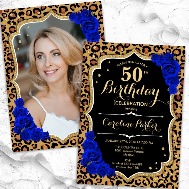 Leopard Print Royal Blue Photo 50th Birthday Invitation (Creator Uploaded)
