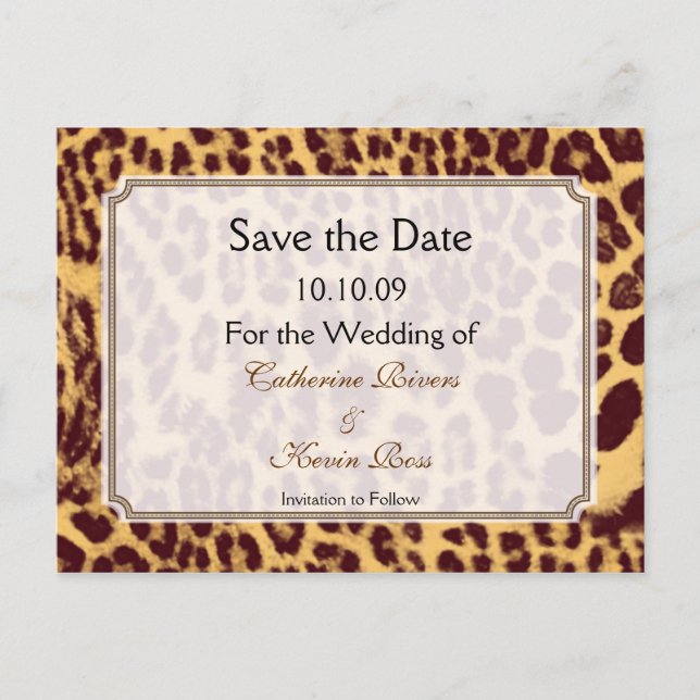 Leopard print save the date postcard (Front)