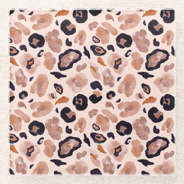 Leopard print, seamless, beige background. glass coaster (Front)