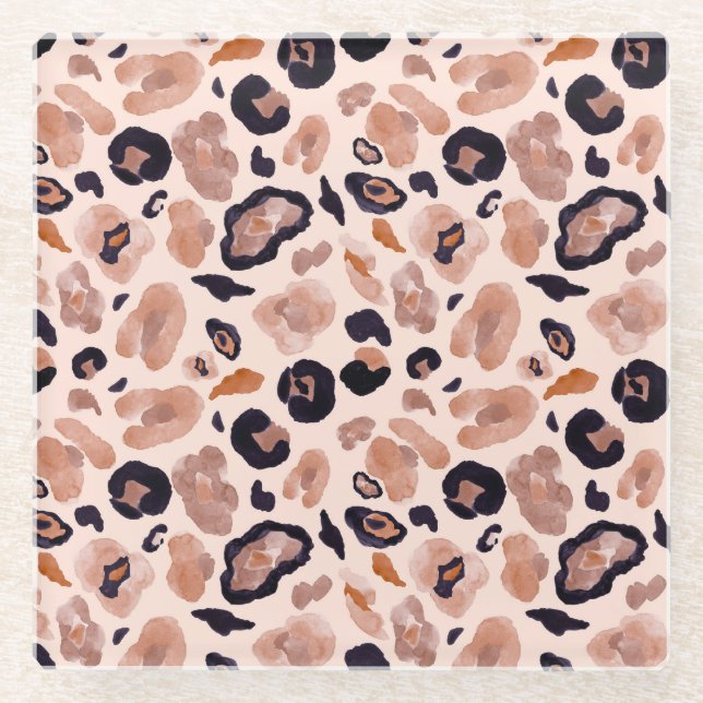 Leopard print, seamless, beige background. glass coaster (Front)