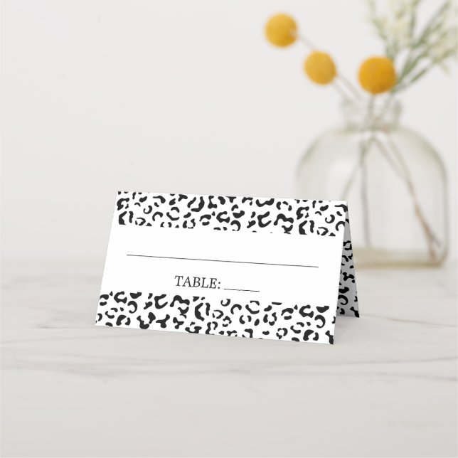 Leopard Print, Spots, Black and White, Wedding Place Card (Front)