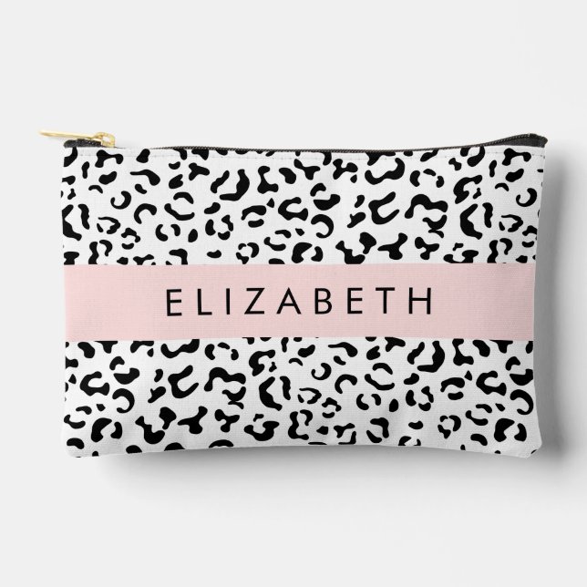 Leopard Print, Spots, Black And White, Your Name Accessory Pouch (Front)