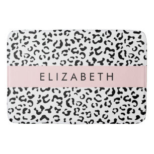 Leopard Print, Spots, Black And White, Your Name Bath Mat