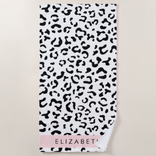 Leopard Print, Spots, Black And White, Your Name Beach Towel