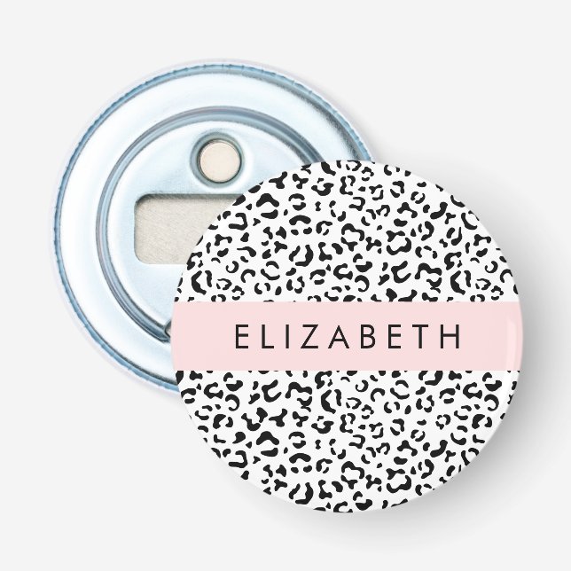 Leopard Print, Spots, Black And White, Your Name Bottle Opener (Front)