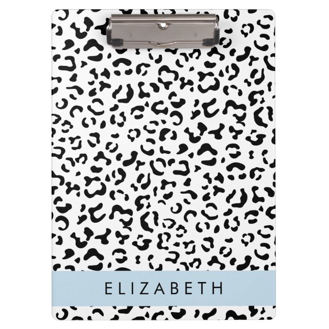 Leopard Print, Spots, Black And White, Your Name Clipboard (Front)