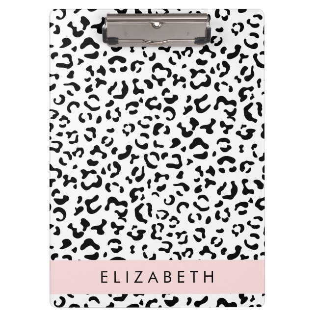 Leopard Print, Spots, Black And White, Your Name Clipboard (Front)