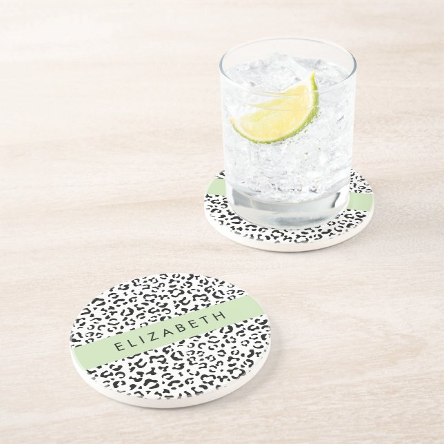 Leopard Print, Spots, Black And White, Your Name Coaster (Side)