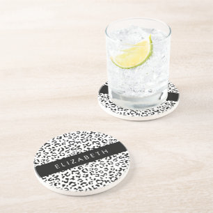 Leopard Print, Spots, Black And White, Your Name Coaster
