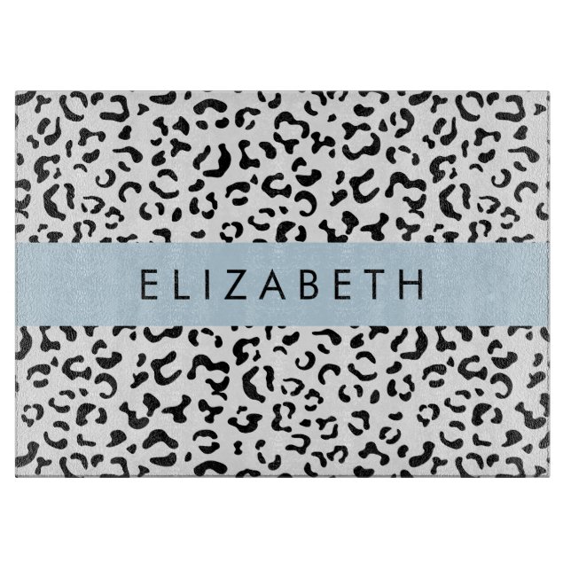 Leopard Print, Spots, Black And White, Your Name Cutting Board (Front)