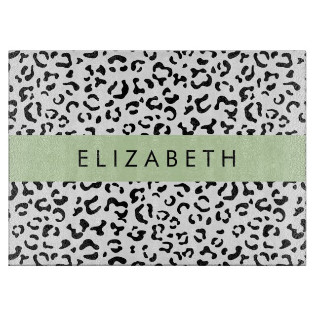 Leopard Print, Spots, Black And White, Your Name Cutting Board (Front)