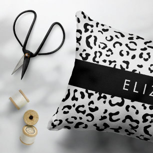 Leopard Print, Spots, Black And White, Your Name Decorative Cushion