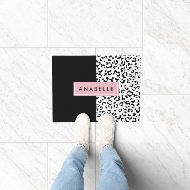 Leopard Print, Spots, Black And White, Your Name Doormat (Indoor)