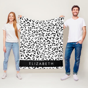 Leopard Print, Spots, Black And White, Your Name Fleece Blanket