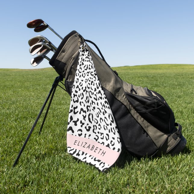 Leopard Print, Spots, Black And White, Your Name Golf Towel (Green)