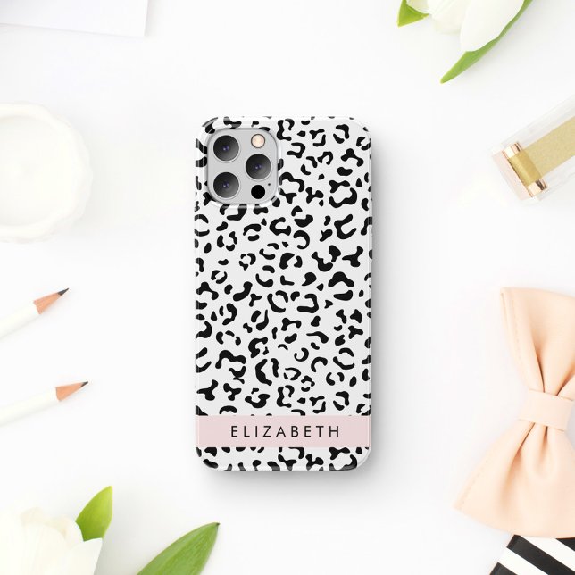 Leopard Print, Spots, Black And White, Your Name iPhone 16 Case (Creator Uploaded)