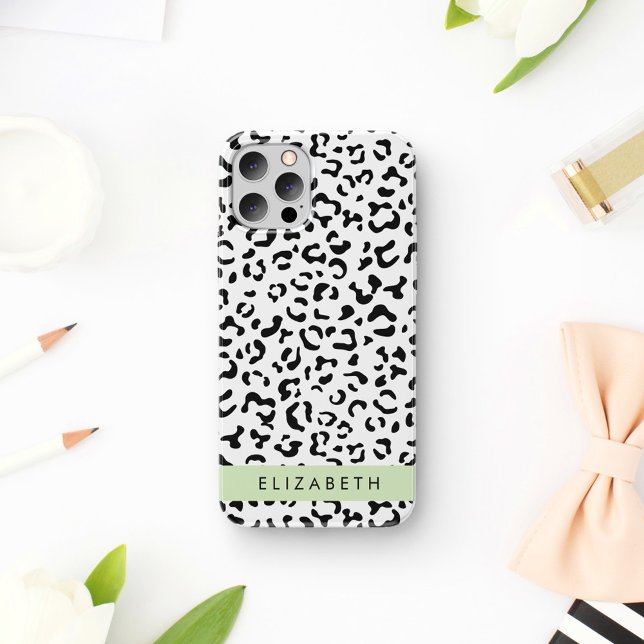 Leopard Print, Spots, Black And White, Your Name iPhone 16 Case (Creator Uploaded)