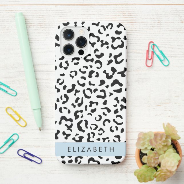 Leopard Print, Spots, Black And White, Your Name iPhone Case (On Desk)