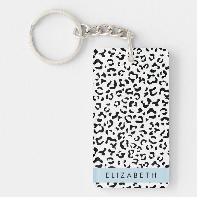 Leopard Print, Spots, Black And White, Your Name Key Ring (Front)