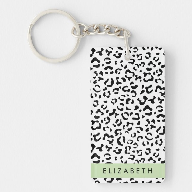 Leopard Print, Spots, Black And White, Your Name Key Ring (Front)