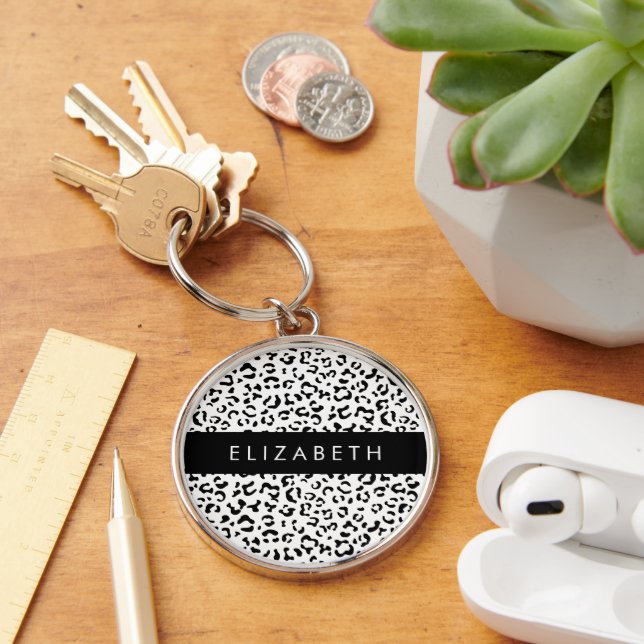 Leopard Print, Spots, Black And White, Your Name Key Ring (Desk)