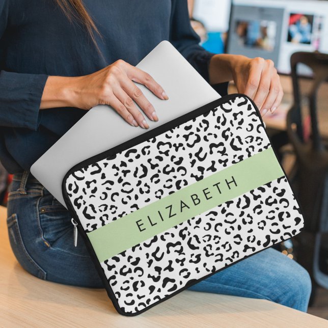 Leopard Print, Spots, Black And White, Your Name Laptop Sleeve (Creator Uploaded)