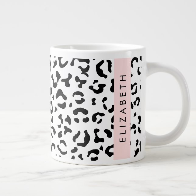 Leopard Print, Spots, Black And White, Your Name Large Coffee Mug (Right)