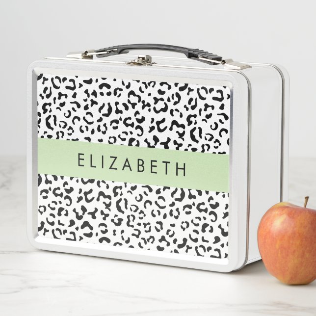Leopard Print, Spots, Black And White, Your Name Metal Lunch Box (In Situ)
