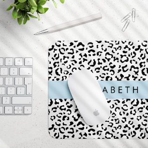 Leopard Print, Spots, Black And White, Your Name Mouse Pad