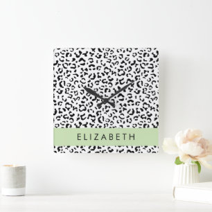 Leopard Print, Spots, Black And White, Your Name Square Wall Clock