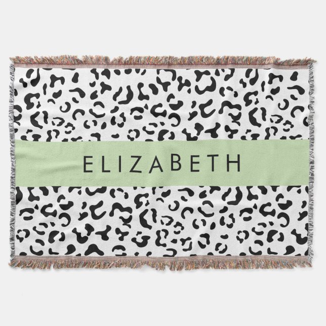 Leopard Print, Spots, Black And White, Your Name Throw Blanket (Front)