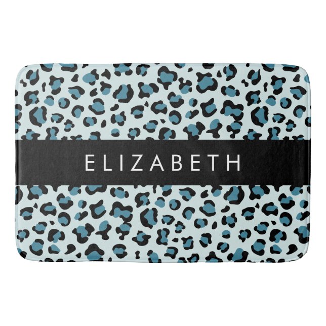 Leopard Print, Spots, Blue Leopard, Your Name Bath Mat (Front)