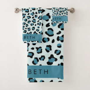 Leopard Print, Spots, Blue Leopard, Your Name Bath Towel Set