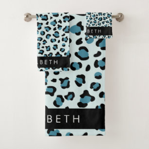 Leopard Print, Spots, Blue Leopard, Your Name Bath Towel Set