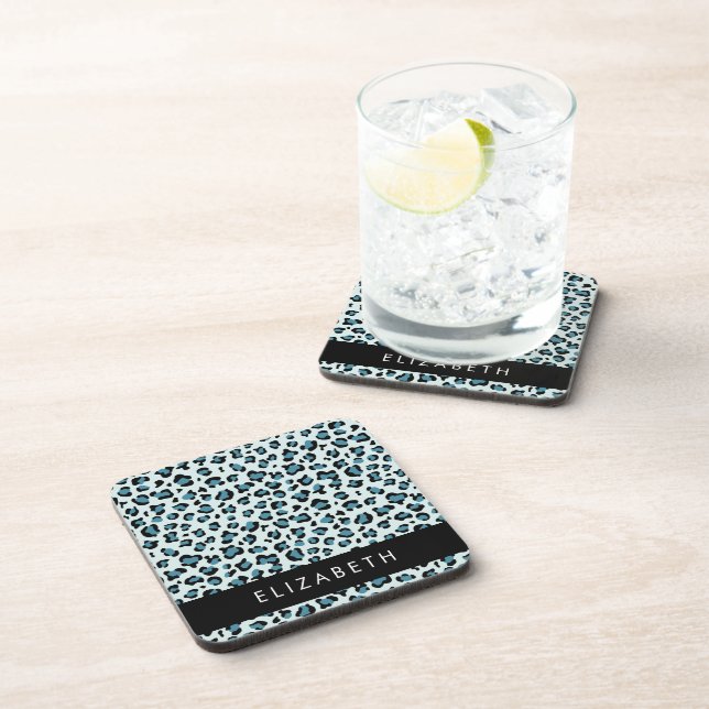 Leopard Print, Spots, Blue Leopard, Your Name Coaster (Right Side)